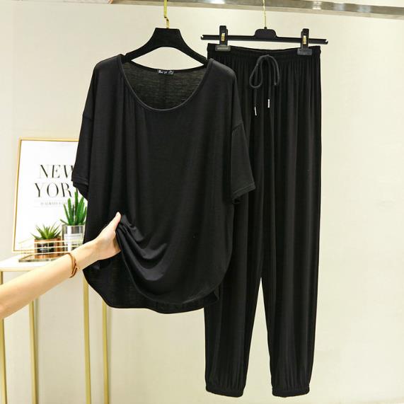 Pyjama ample grande taille pour femmes, vêtements de maison, ensemble deux pièces en coton, manches courtes, pantalon,: black