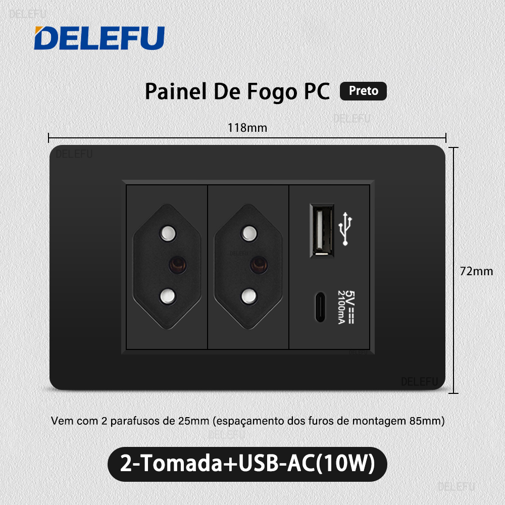 DELEFU Panel de PC ignífugo doble USB tipo C carga Brasil salida estándar interruptor de luz de pared negro enchufe eléctrico 10A 20A: 5,2 M / Caqui