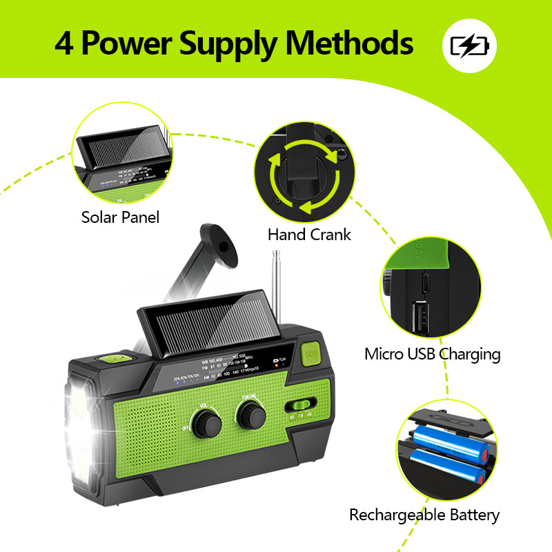 small portable radio Emergency USB rechargeafm Radio Power Bank Solar Hand Crank LED Flashlight battery operated radio
