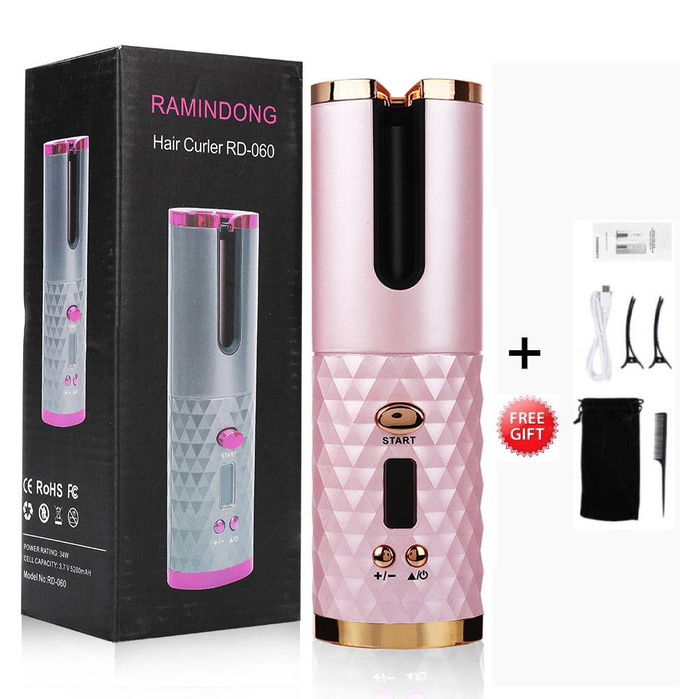 Portable Wireless Automatic Curling USB Rechargeable Hair Curler LED Display Temperature Adjustable Styling Tool Hair Device: Pink