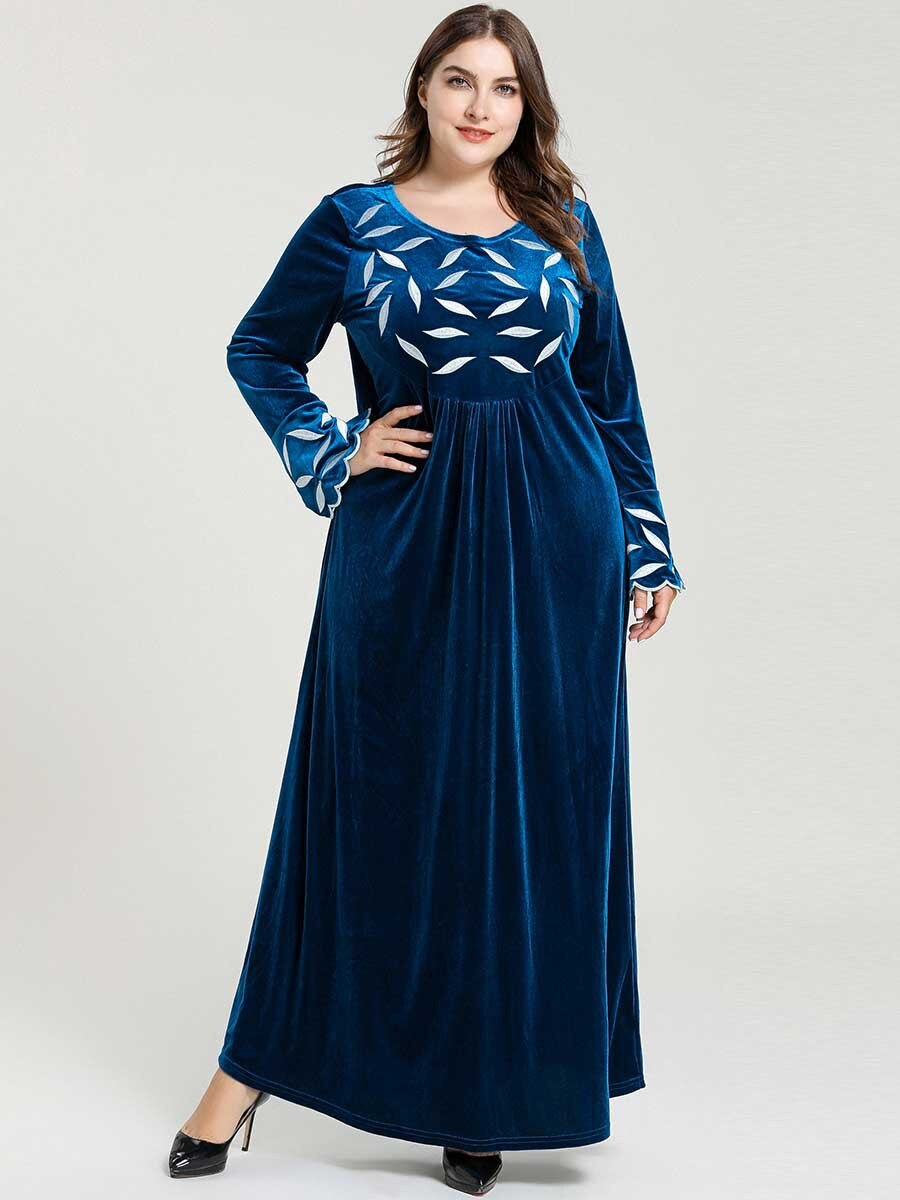 Middle Eastern Dress Islamic Turkey Embroidered Long-Sleeved Round Neck Muslim Big Pen Gold Velvet Dress Arab Dubai: M