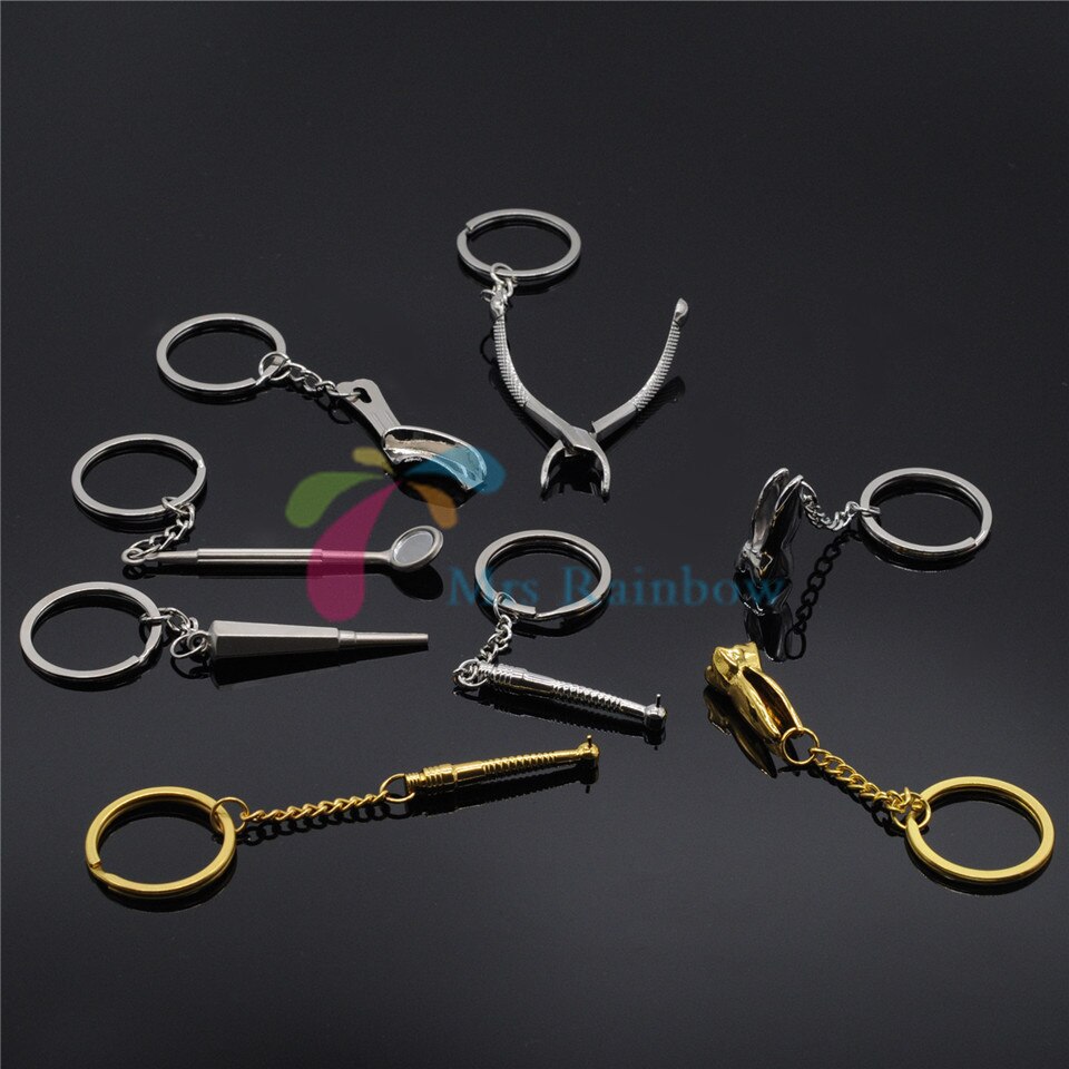 8/Pcs Dental Lab Gemengde Sleutelhangers Forcep Spiegel Handstuk Tand Afdruklepel Sleutelhanger