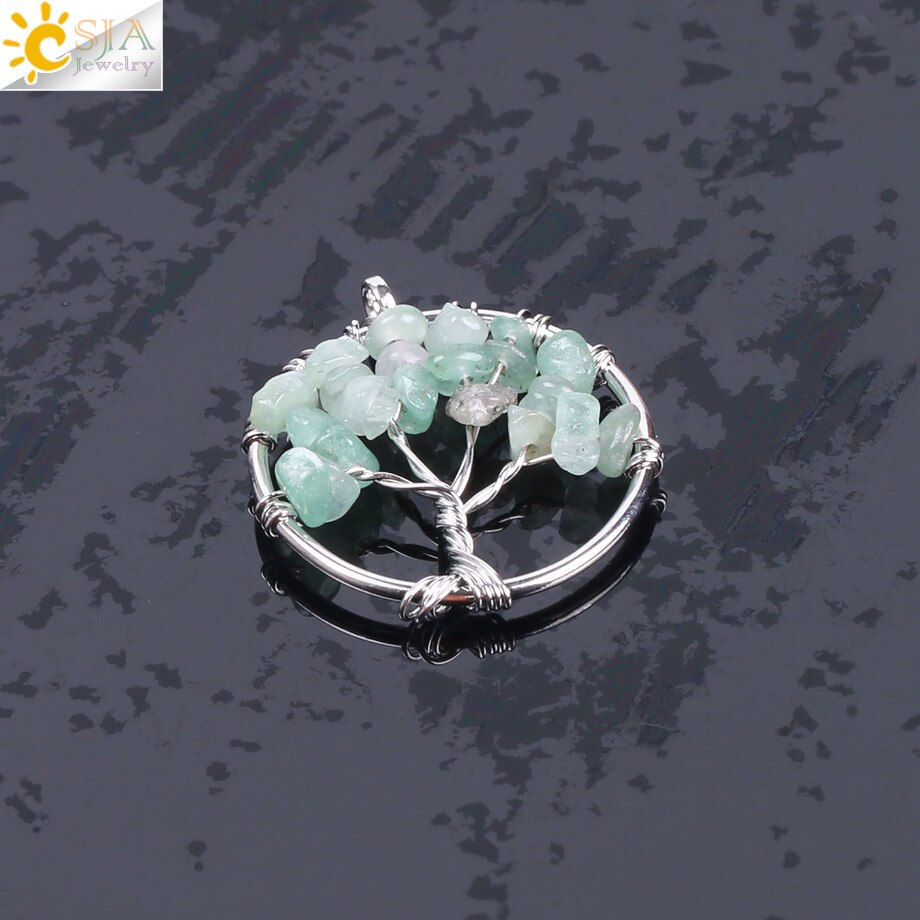 CSJA Tree of Life Necklace &amp; Pendant Silver Color Crystal Natural Gem Stone Chip Beads 7 Chakra Wire Wrapped Women Jewelry F141: Green Aventurine