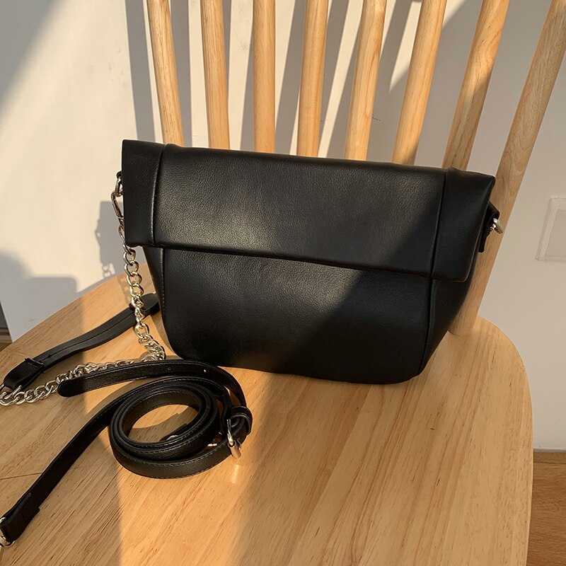Pli femmes sacs à bandoulière en cuir pu femme bandoulière sacs de messager chaîne sac à bandoulière bolsa féminin 2 bretelles sac à main: Black