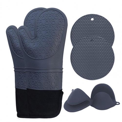 5Pcs/Set Oven Mitts Flexible Heat Insulation Silicone Extra Long Mittens Gloves Pot Holders Placemat for Kitchen: Dark Gray