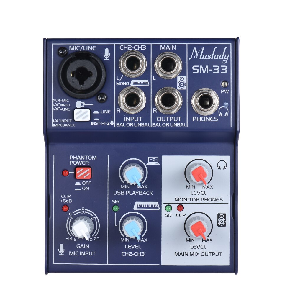 Muslady SM-33 Mini 3-Channel Sound Card Mixing Console Digital Audio Mixer Supports 5V Power Bank USB Power Supply