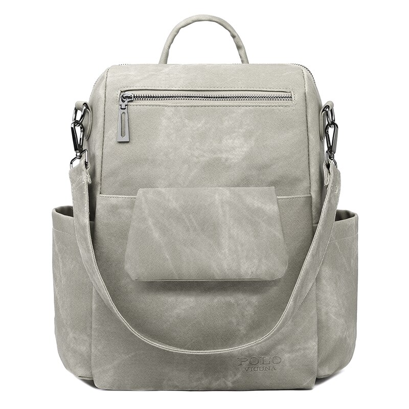 VICUNA POLO-Conjunto de mochila de cuero de para mujer, mochilas universitarias y para viajar, de gran capacidad, para el día: Gris
