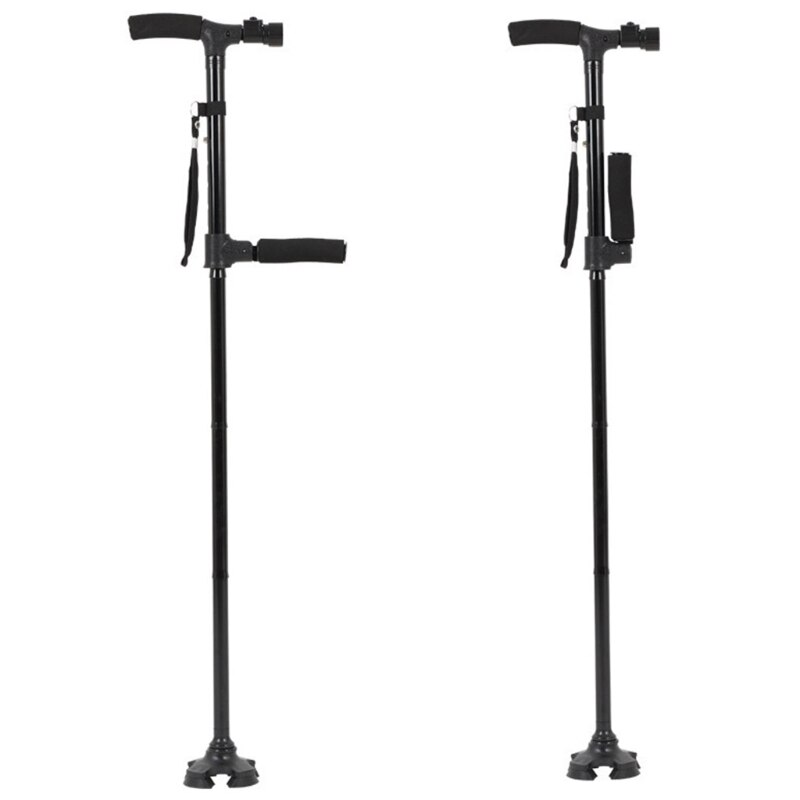 Rotating Base LED Walking Stick Hurry Cane Adjust All Terrain Pivoting Folding