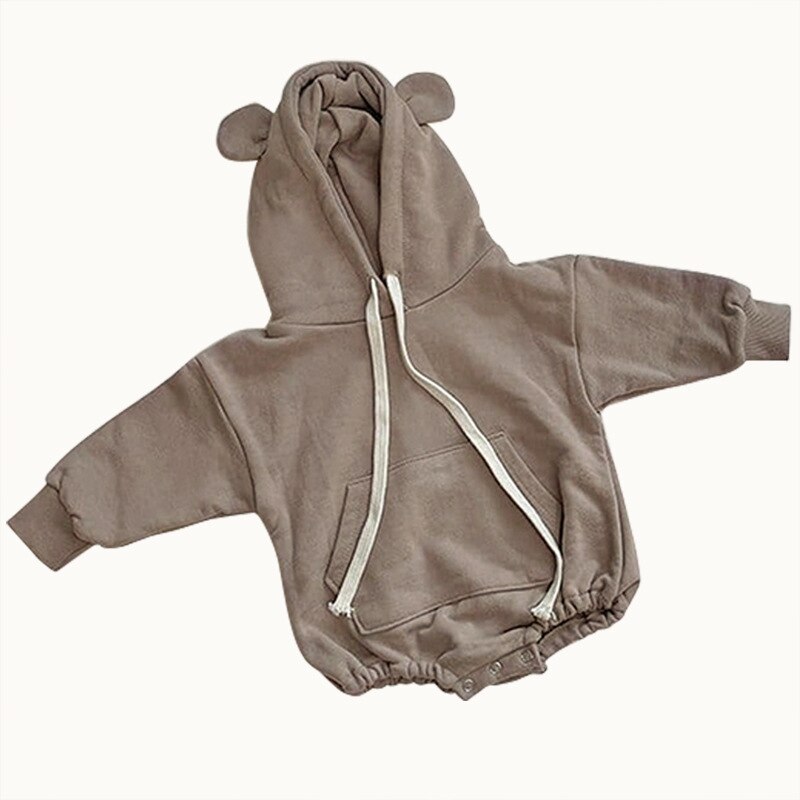 8222 Baby Kleding Hooded Jongens Bodysuit Herfst Pure Kleur Beer Oor Hooded Meisjes Bodysuit 0-2T Baby een Stuk Kleding Onesie