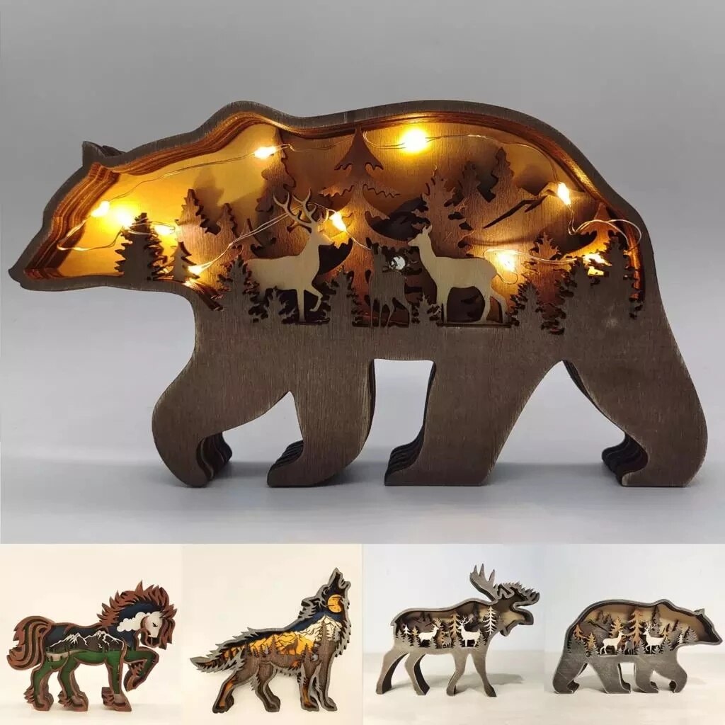 Estatua de lobo Animal de madera, tótem de lobo , artesanía decorativa para oficina y hogar, de Navidad, adornos de oso marrón de alce del bosque del norte