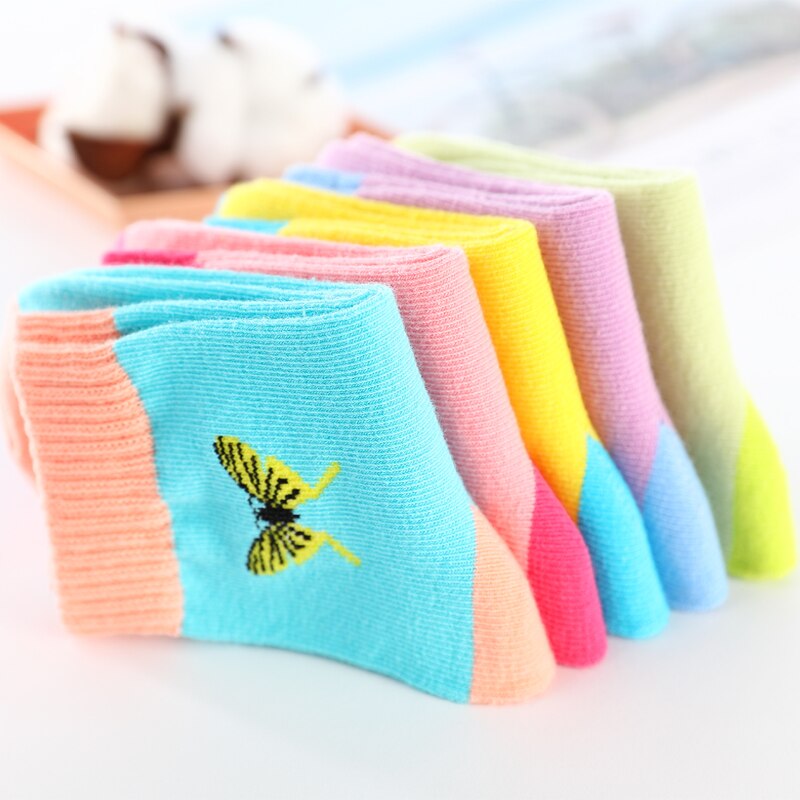 Spring Autumn Girls Socks Butterfly Cotton Candy Colors Socks For Girls 1- 16 Year Kids Socks 5 pairs/lot