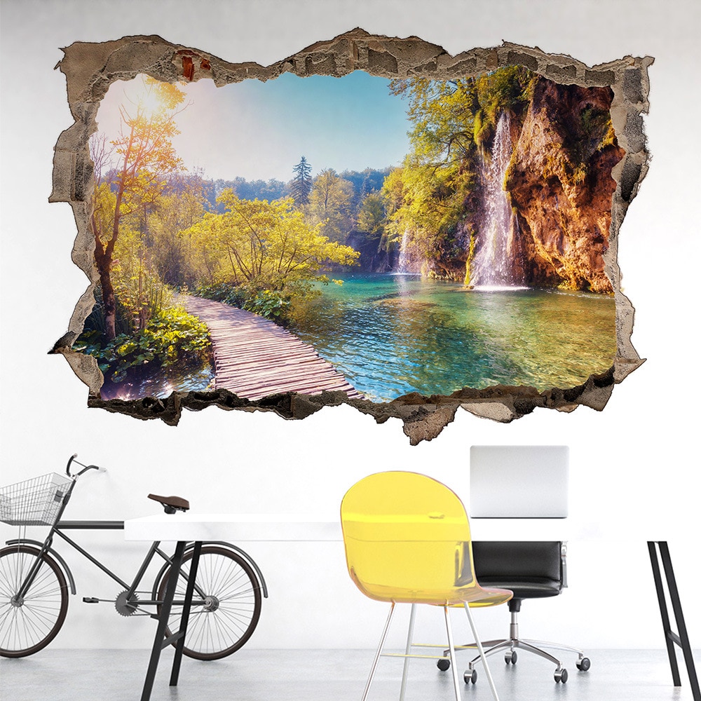 Pegatinas de puerta de paisaje Natural de montaña, pared rota 3D, Mural de vinilo, papel pintado con paisaje