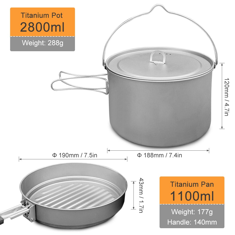 Lixada Vouwen Titanium Pannenset 2.8L Opknoping Pot 1.1L Pan Voor Outdoor Wandelen Picknick Koken Camping Apparatuur Servies