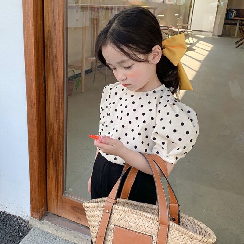 Camisa de lunares para niños y niñas, Blusa de manga corta abombada, Top informal de con Espalda descubierta, trajes para niños de 2 a 7T