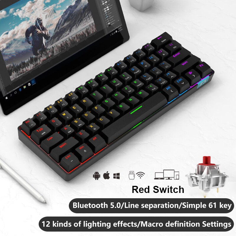 Ajazz STK61 Mechanical Keyboard Wireless Bluetooth 61 Keys Dual Mode Mix Backlit Mini Portable Gaming Keyboard for PC Desktop: Black Red Switch