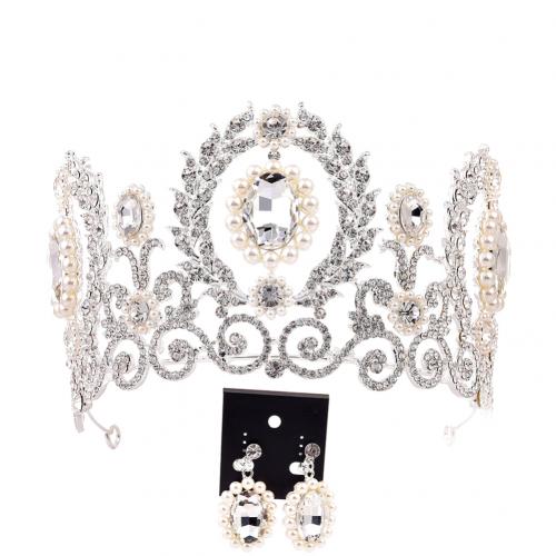 Barroco feminino strass falso pérola coroa tiara brincos conjunto de jóias de casamento: Silver White