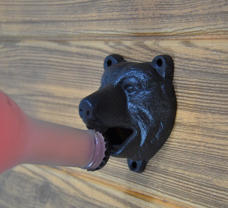 Abrebotellas de mordedura con dientes de oso Grizzly de montaje en pared de hierro fundido (negro)