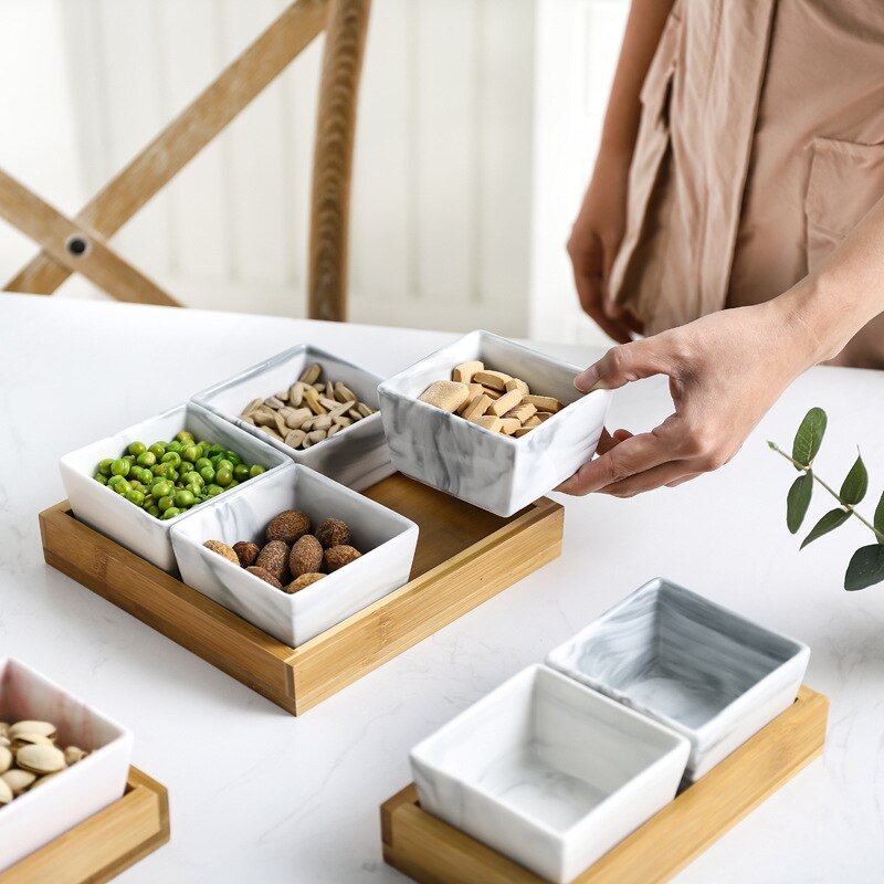 Marmor fruktfat keramik fat tallrik porslin snacks godis nötter desserter eko naturlig serverings bambu bricka set salladsskål
