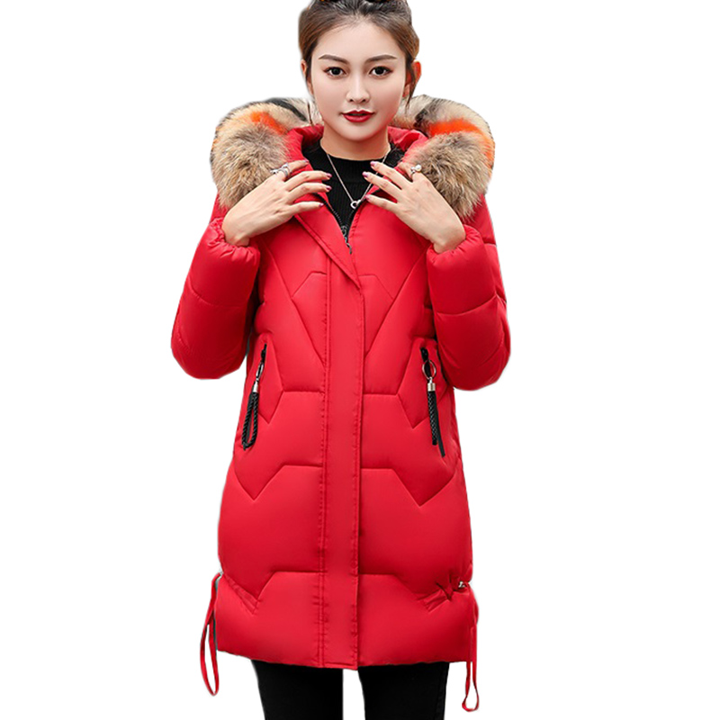 Winter Vrouwen Jas Dikke Warme Hooded Slim Down Katoenen Parka Bontkraag Gewatteerde Uitloper Jassen Lange Kleding Plus Size 3XL: red / L