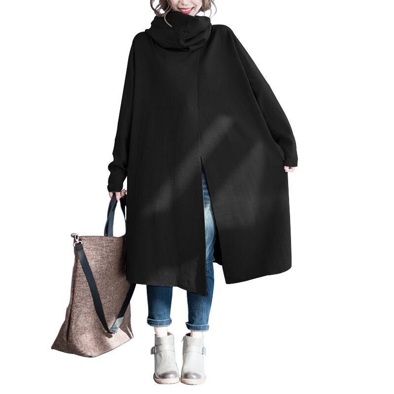 ZANZEA Women's Coats Autumn Winter Side Pockets Jackets Casual Long Sleeve Turtleneck Overcoats Baggy Pull Femme Outwear 7: Black / L