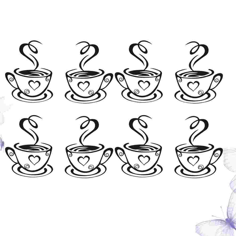 4 Sets Wall Stickers DIY Coffee Cup Pattern Black Wall Decals Wall Decoration Wallpaper for Cafe Shop