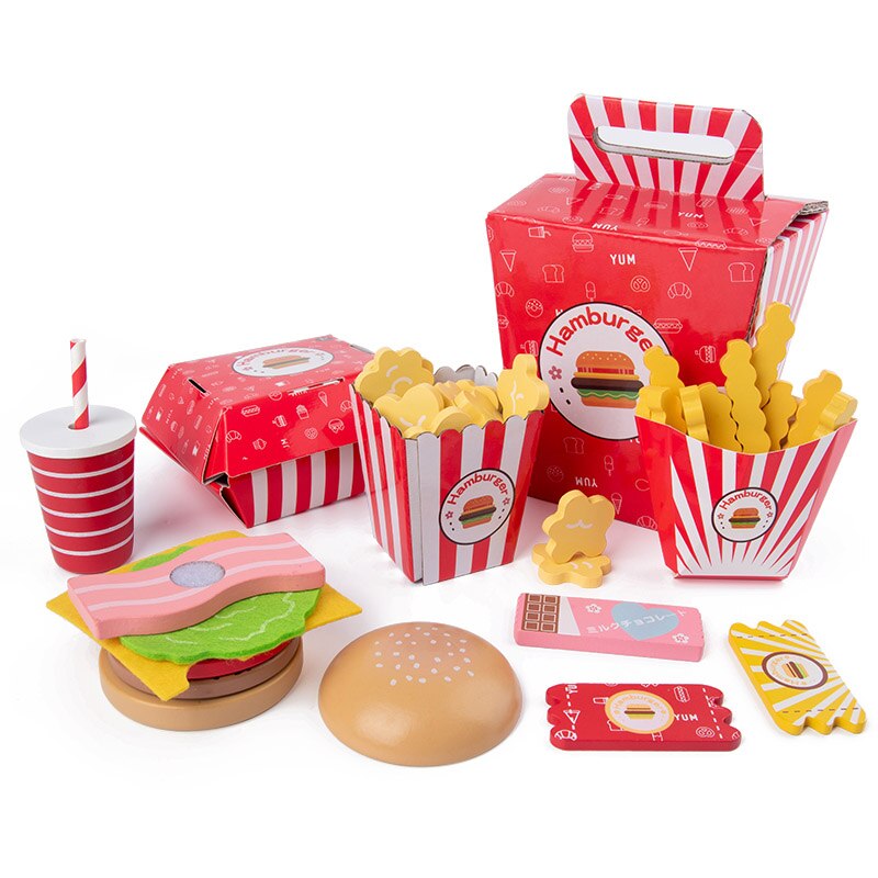 Wooden kids toy simulation hamburger fries set juicer coffee machine playhouse simulation real life kitchen utensils game toys: Hamburger fries set