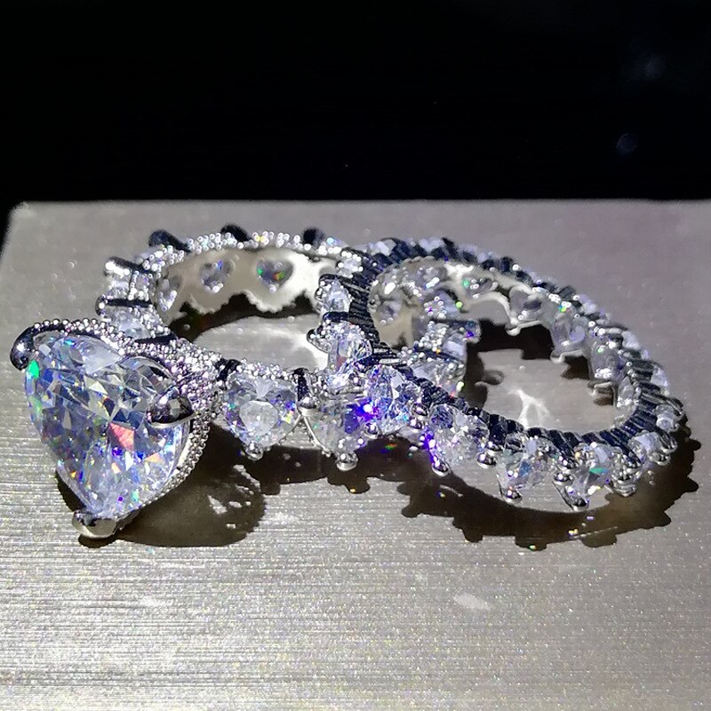 Qtt Zilver Kleur Dubbele Vinger Ring Vrouw Zirconia Promise Ring Hartvormige Wedding Anniversary Sieraden
