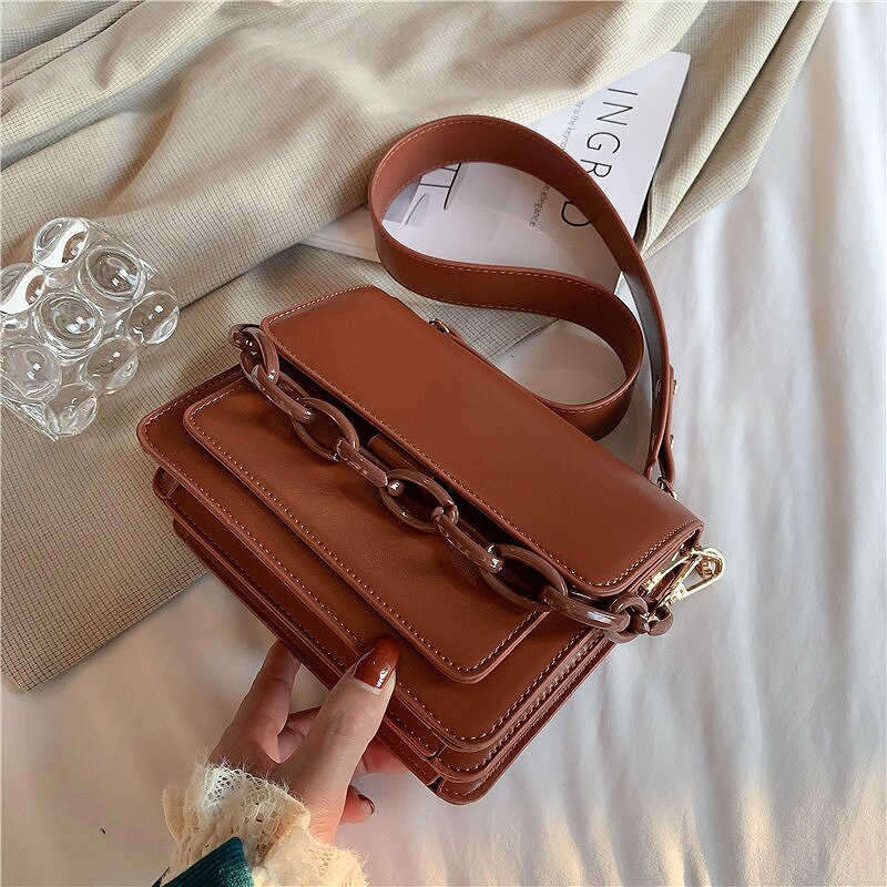 Mini pu leren tas met klep voor dames in de winter, schoudertas voor dames, crossbody tas: Bruin