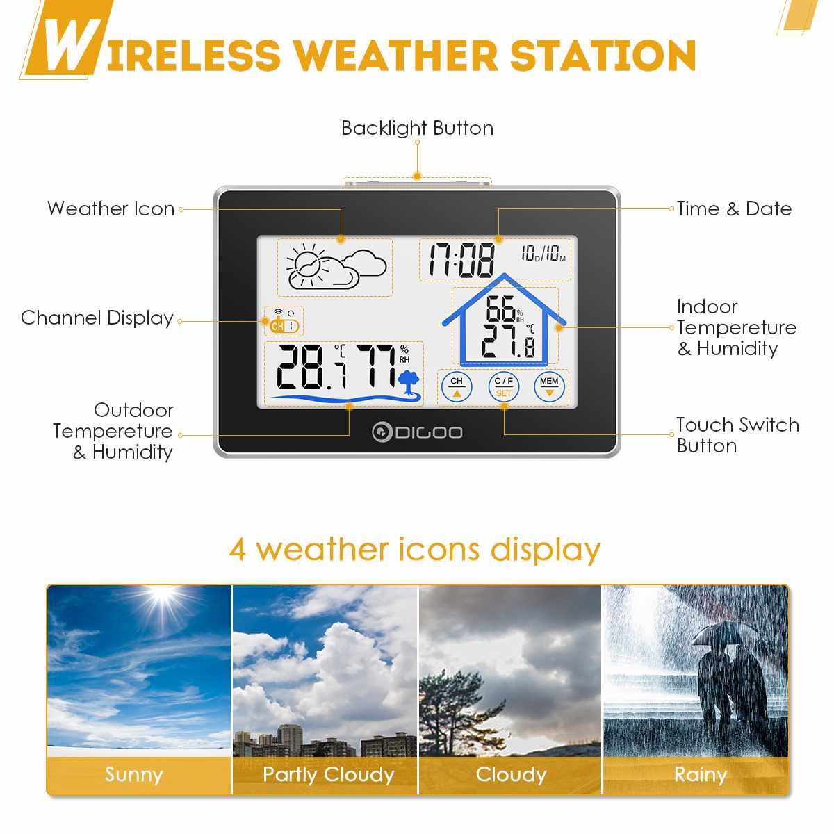 Digoo DG-TH8380 Big Screen Weather Station Thermometer Forecast Sensor IN/Outdoor Sensor with Temperature, Humidity