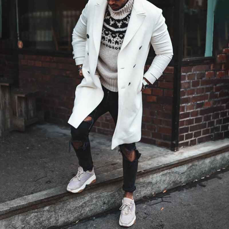 Blanc Hiver Trench Homme Manteaux Décontracté Mince Double Boutonnage Veste homme Long Oversize Manteau Angleterre Style Manteau Vestes: XL