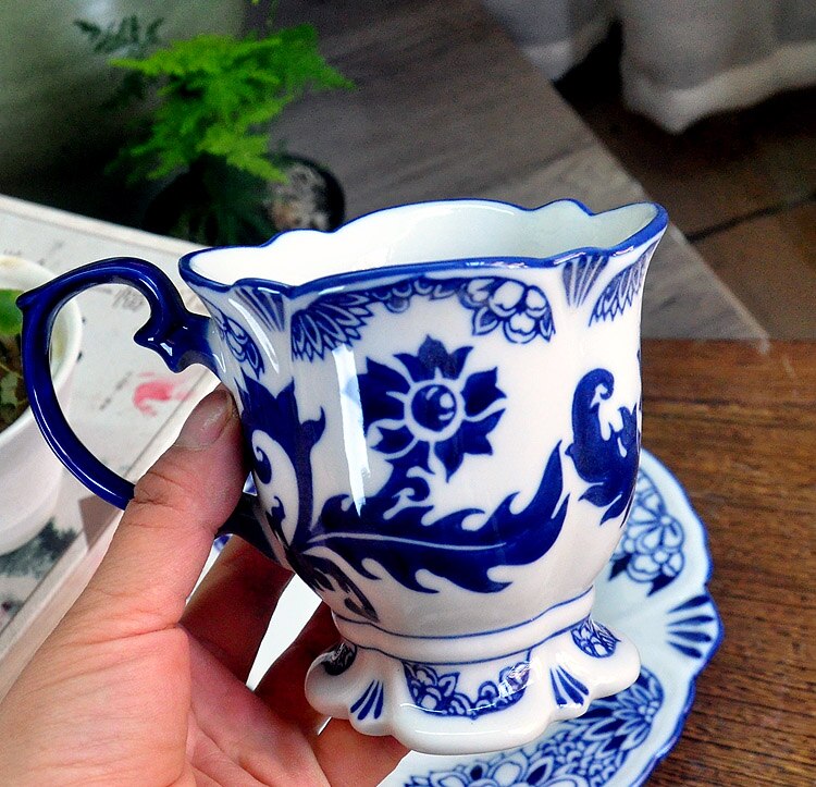 Vajilla de cerámica Jingdezhen, taza de leche europea, té, porcelana azul y blanca, taza de café y plato