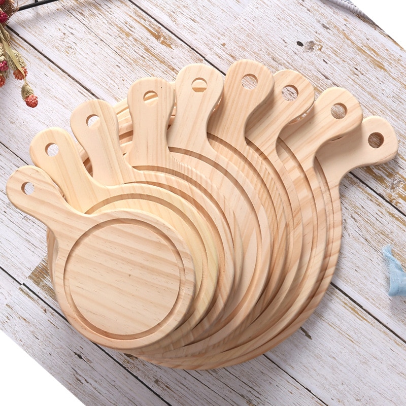6-14inch Wooden Pizza Board Round with Hand Pizza Baking Tray Pizza Stone Cutting Board Platter Pizza Cake Bakeware Tools