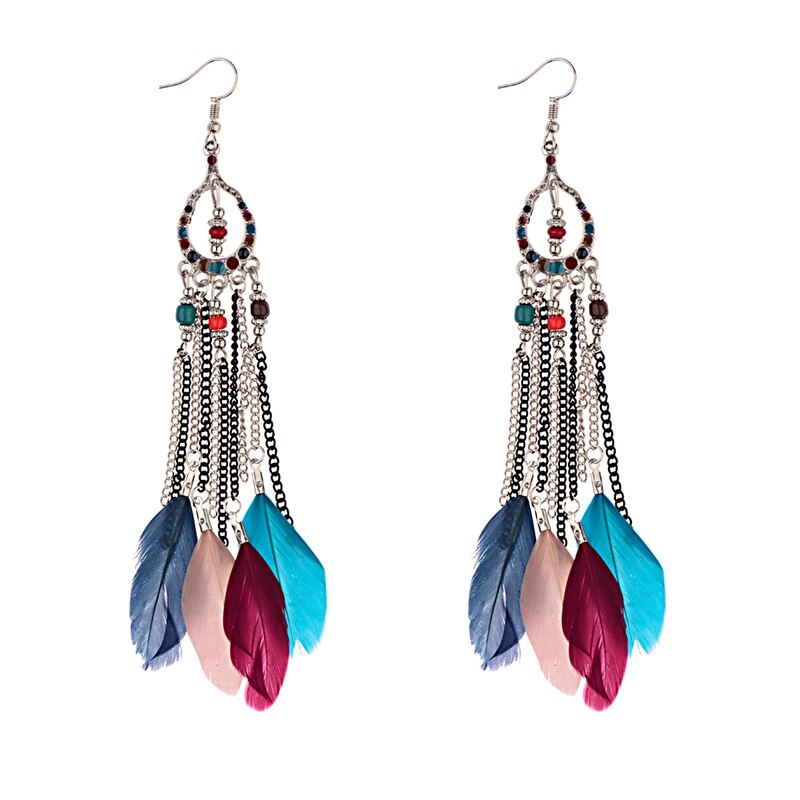 Ethnic Blue Feather Long Earrings For Women Gypsy Jhumka Jhumki Chain Indian Beads Earrings Handmade Oorbellen HXE058: Colorful 2