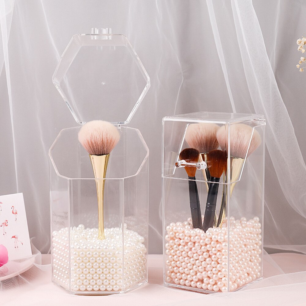 Caja acrílico transparente para guardar brochas de maquillaje, recipiente perlado de almacenamiento y organizador para cosméticos y para lápices de labios