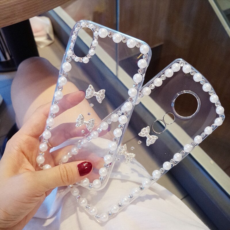 For ZTE Blade A3 A5 A7 V9 V10 Vita L8 Axon 7 Nubia Z17 Z11 Max N1 Diamond Bow Cover Pearl Rhinestone case