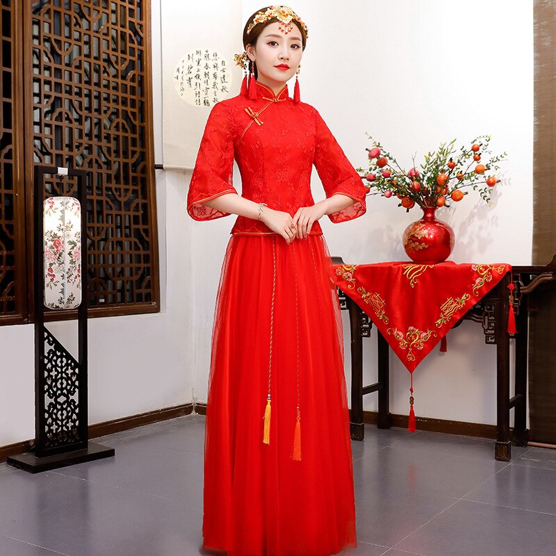 Rode kanten chinese bruid trouwjurk oude vrouwen cheongsam pak grote maat vintage qipao vestidos xs -3xl