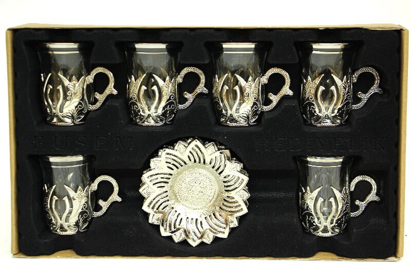 Turkiska tekoppar set arabiskt glas kopp mugg kaffe gjord i turkiet bästa handgjorda koppar vatten zamzam serveringsglas tefat: Silver-