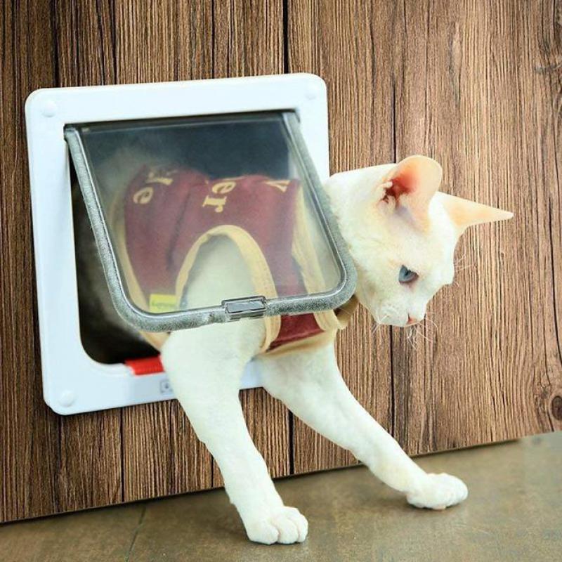 Dog Cat Flap Door with 4 Way Security Lock Flap Door for Dog Cats Kitten ABS Plastic Small Pet Gate Door Kit Cat Dogs Flap Doors