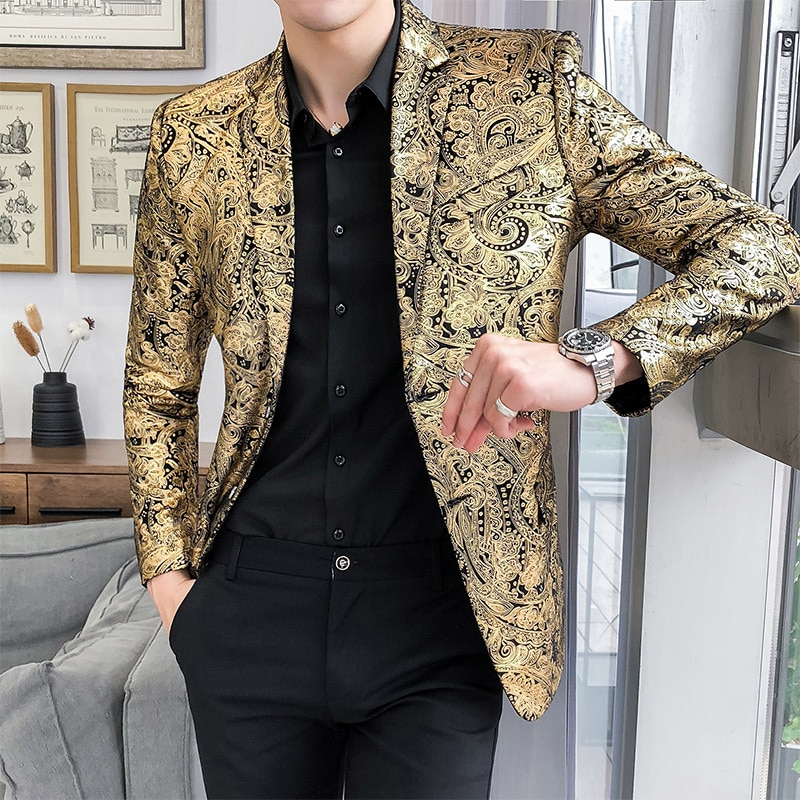Smoking vêtement formel slim costume veste hommes de luxe paisley fleur motif fantaisie costume veste discothèque danse hommes jolie pochette: L