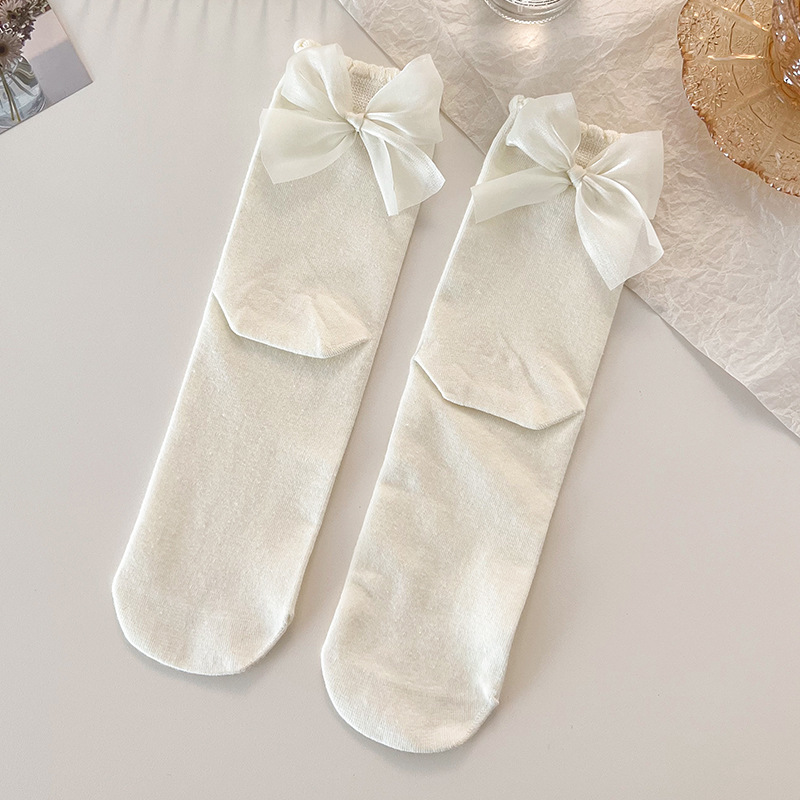 Calcetines de princesa con lazo para mujer, medias de tubo medio de Color sólido para primavera y verano, bonitos calcetines de tubo decorados con lazos,: Beige