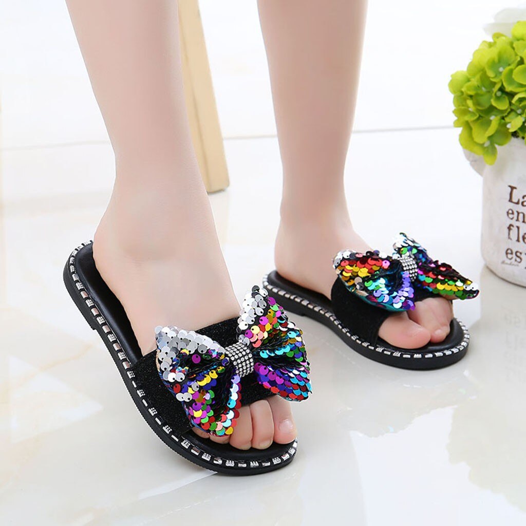 Girls Rhinestone Bow-knot Summer Slipper Children Kids Baby Girls Bling Sequins Crystal Princess Slipper Shoes pantuflas