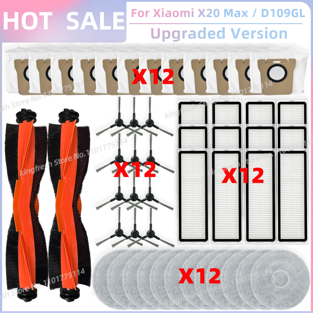 Compatível com ( Xiaomi Robot Vacuum X20 Max / D109GL, Xiaomi Robot Vacuum X20 Pro / D102GL ) Peças Rolo Principal Escova Lateral Filtro Hepa Pano de Esfregão Saco de Poeira Acessórios