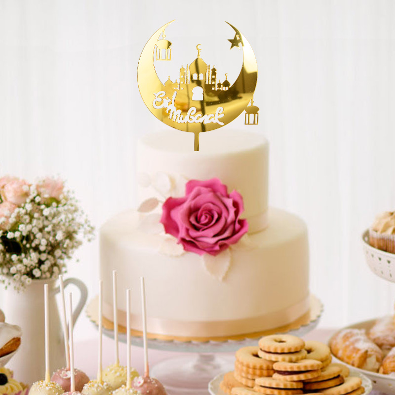Eid Mubarak Cake Topper Gold Acrylic Moon Cupcake Topper for Ramadan Mubarak Cake Decorations Islamic Muslim Eid Baking Supplies