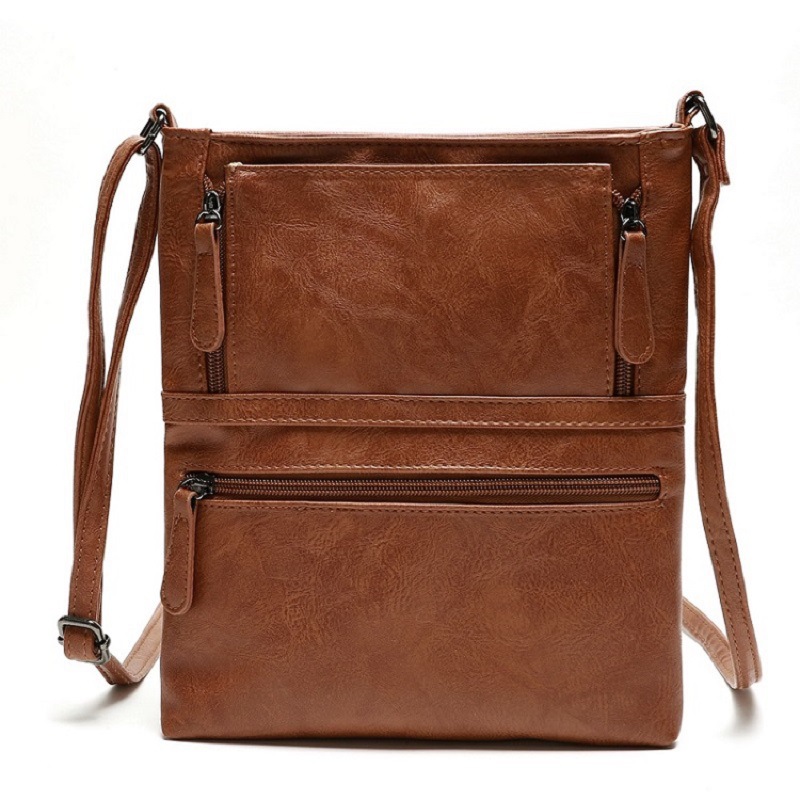 Väskor för kvinnor vintage messenger bag dubbel dragkedja pu läder handväska cross body väska casual axelväskor kvinnlig bolsa: Ljusbrun