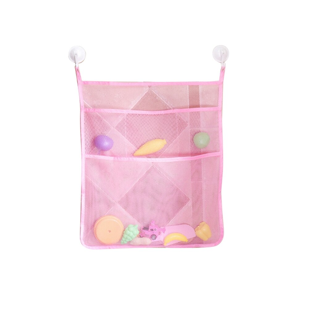 Bathroom Toys Storage Bag Powerful Suction Cup Wall Mounted Drain Mesh Four Grid Sundries Toy Organizer: Pink