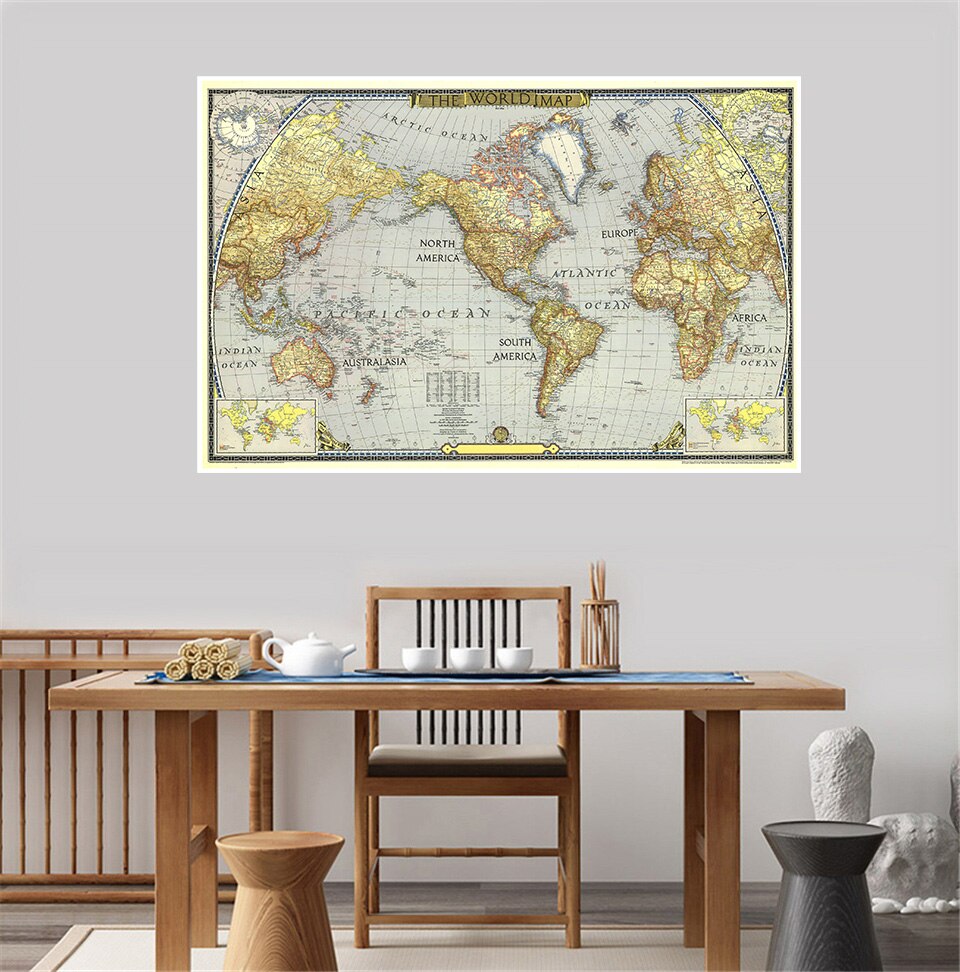 Mapa mundi vintage 1943 cm x 225 cm, arte para parede, pôster, pintura em tecido não tecido, decoração para sala de estar, casa, escritório, material escolar