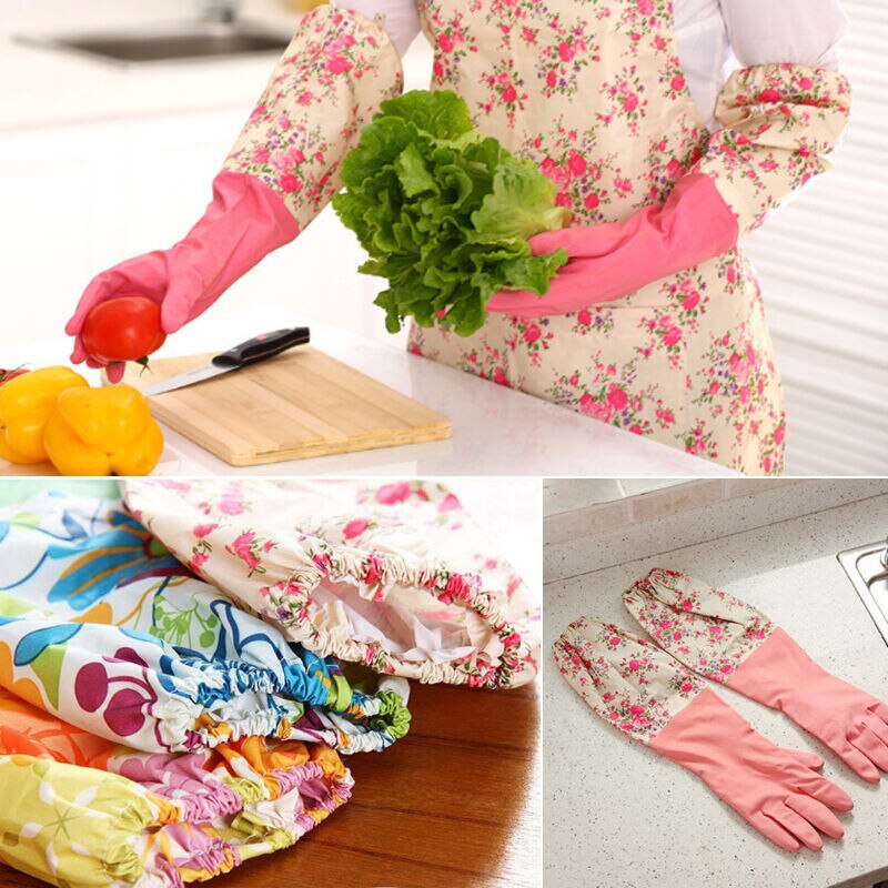 Reusable Rubber Latex Waterproof Dishwashing Gloves Long Cuff and Flock Lining Warm Household Cleaning Gloves Kitchen Tools