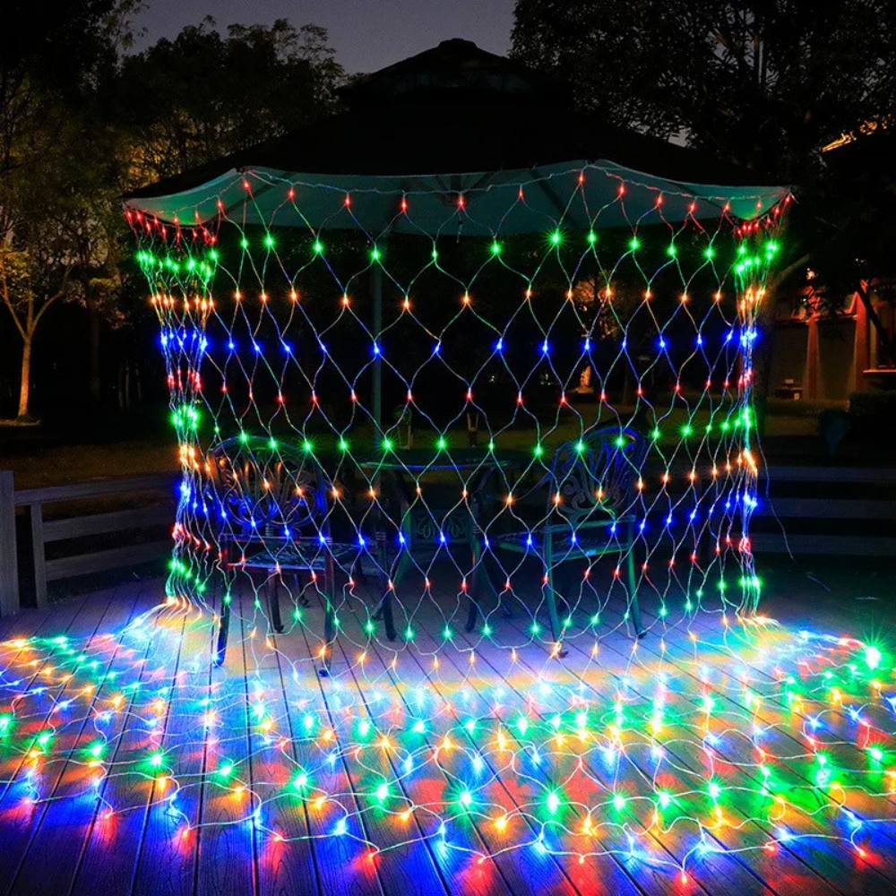 Guirnaldas de luces LED de malla de 24V, 1,5x1,5 M, 3x2M, 6x4M, cortina impermeable para exteriores, lámpara de cadena, decoración del banquete de boda de Navidad, blanco cálido RGB: changeable / 350 W / Ninguno