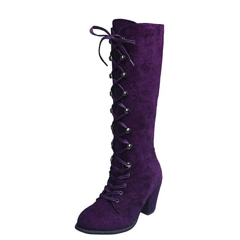 Kniehoge laarzen herfst winter lange dames hoge hakken motor dames schoenen veter ronde neus vierkante hak laarzen mujer: 38