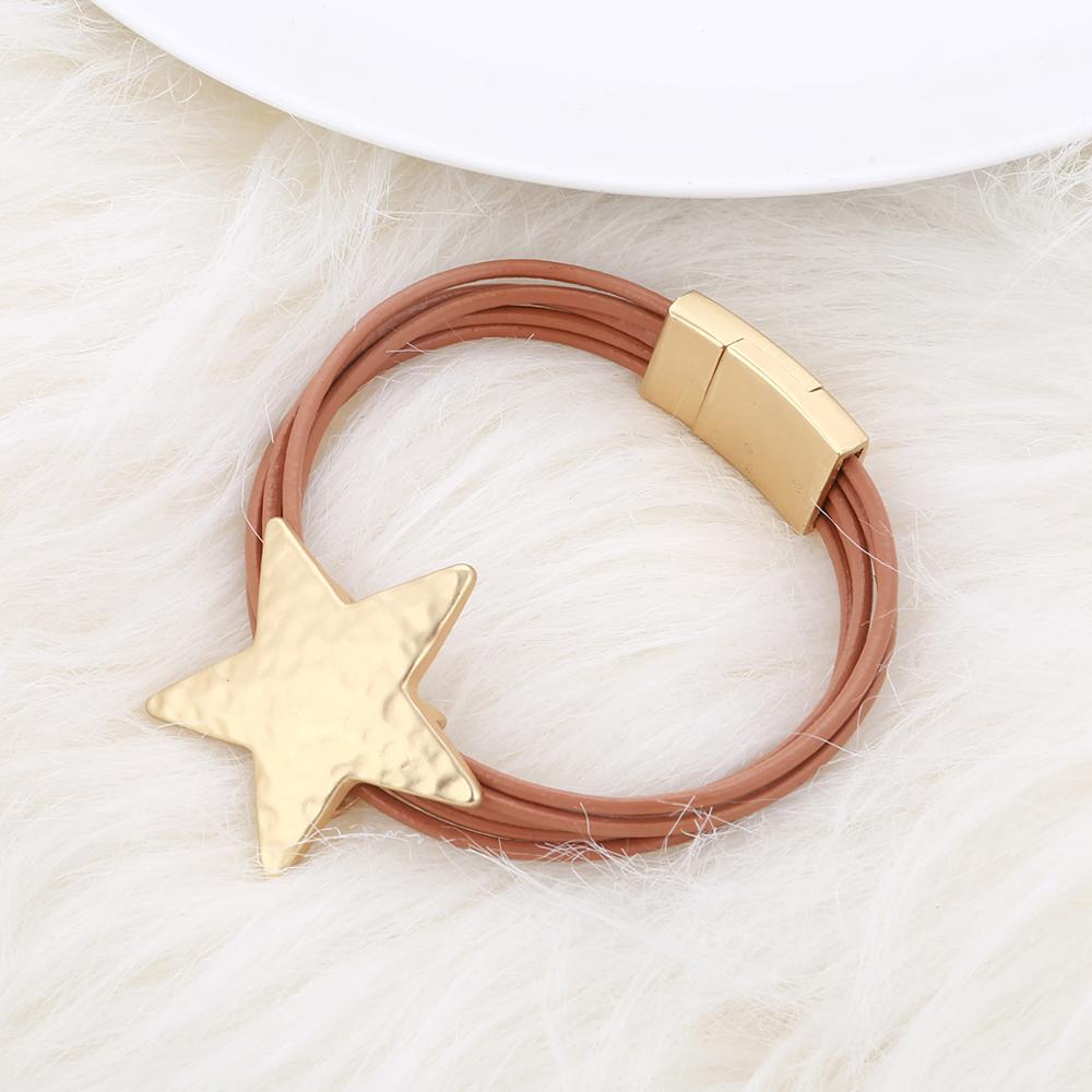 Legierung Stern Magnet Taste Multilayer Leder Charm Armreif 3 Farben Gold Silber Armreifen Für Frauen